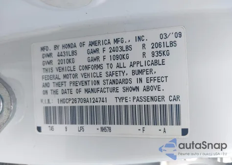 2009 Honda Accord Ex z USA, uszkodzony, nr VIN 1HGCP26709A124741